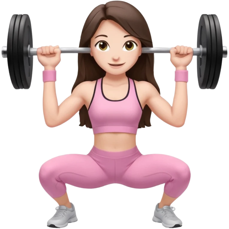 white happy brunette teen long hair with hazel eyes in light pink workout clothes holding a barbell bending over emoji