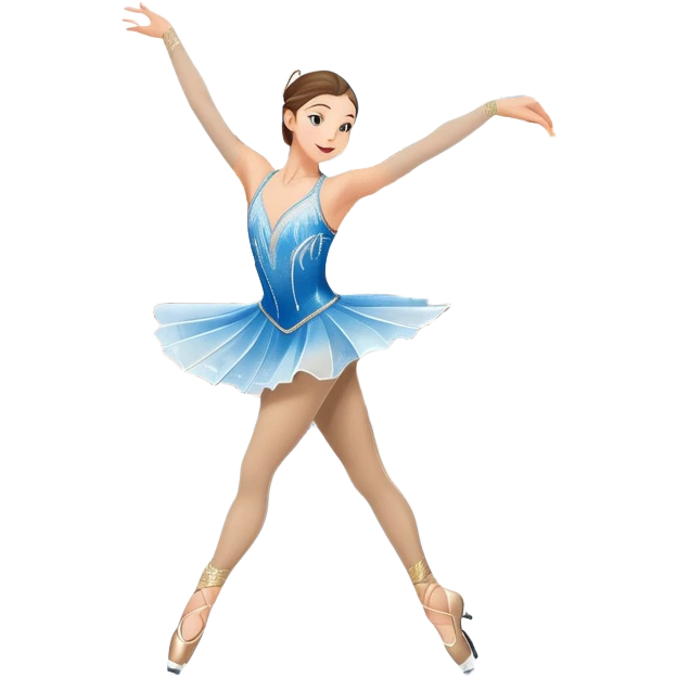 An icon featuring a graceful figure skater performing a spin on the ice. The background includes a grand ice rink palace with shining spotlights and cheering spectators in the stands. Transparent background highlights the elegance and artistry of figure skating emoji