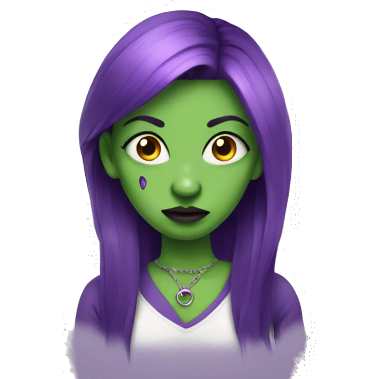 evil green girl with purple hair and a pierced nose emoji