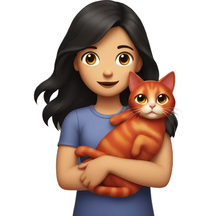 A girl with dark hair holds a red cat in her arms emoji