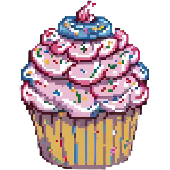 giant cupcake with pink icing and colorful sprinkles in pixel art style emoji