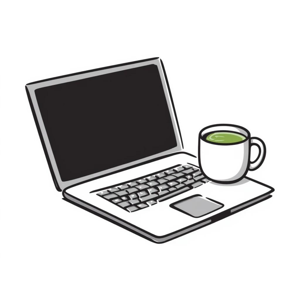 a MacBook and a matcha latte, cozy hand-drawn doodle style emoji