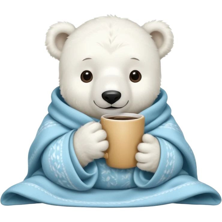 baby white polar in cozy blanket, drink coffee emoji