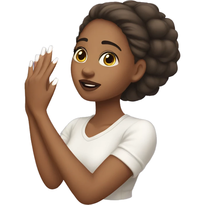 Girl holding her hand up with white French tip nails  emoji