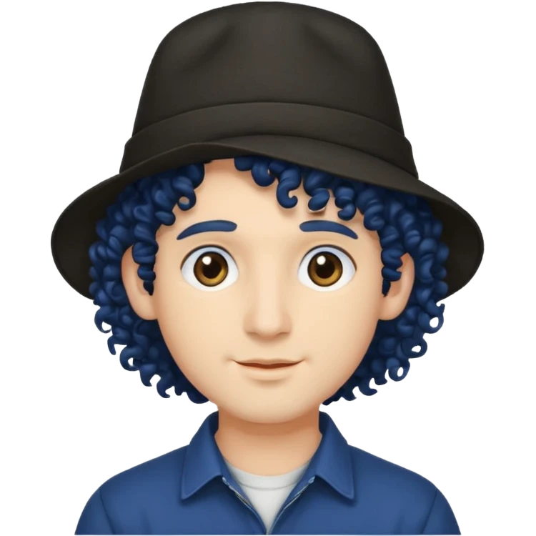 dark blue haired man curly hair and big earrings and and hat wearing emoji