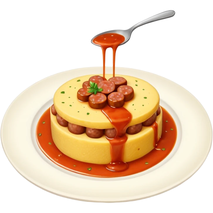 Fai l’emoji di una polenta che è quasi del tutto ricoperta di sugo, con la salsiccia sopra sempre bella insugata emoji
