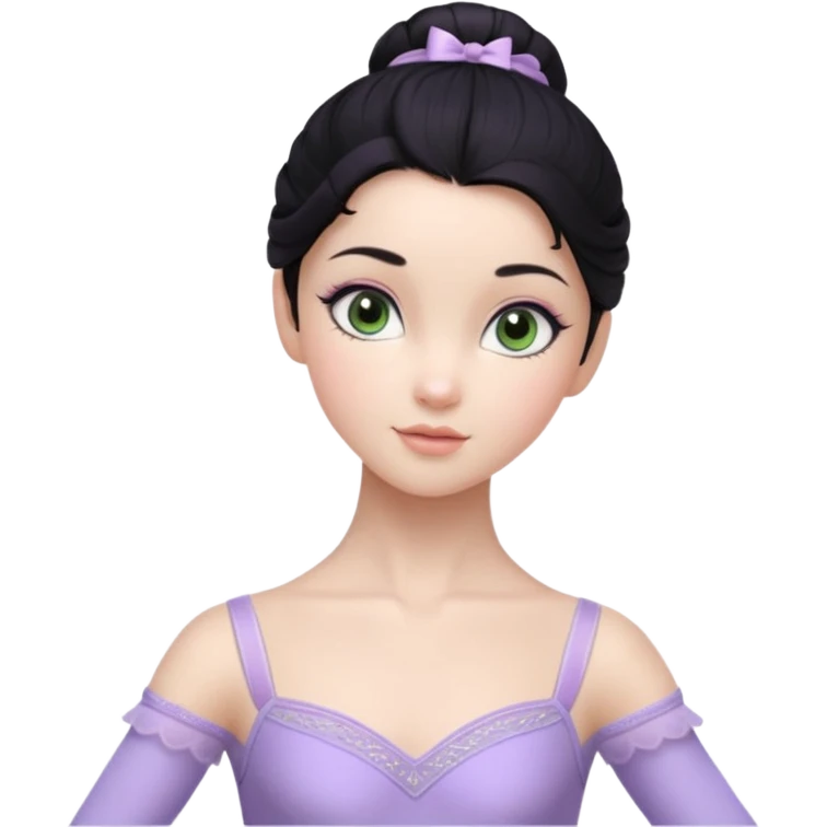 Cinematic Realistic ballerina Light Purple Portrait, depicted with lifelike skin texture, subtle rosy undertones, and soft natural lighting that enhances the gentle contours of her face. Her intricately detailed sweet black hair is elegantly styled, green eyes emoji