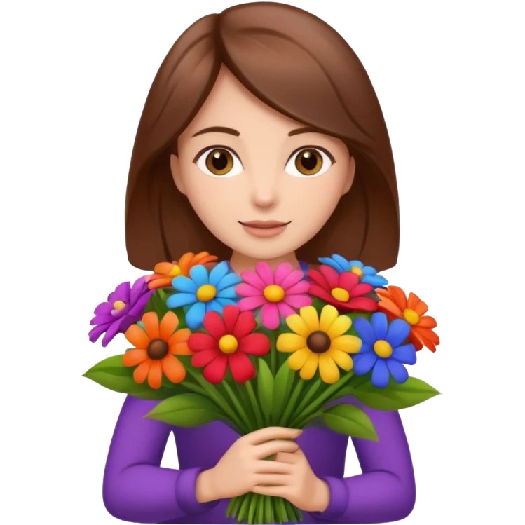 brown hair woman with big bouquet of flowers emoji