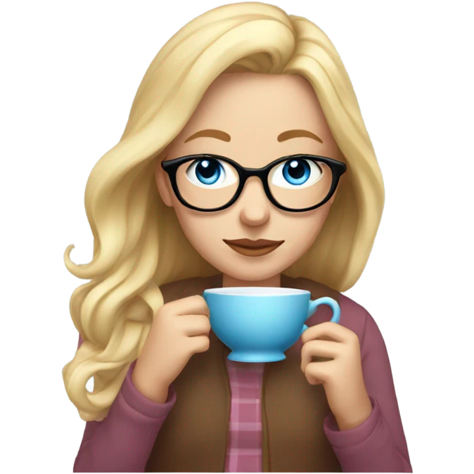 Girl with long blonde hair and blue eyes and glasses sipping tea emoji
