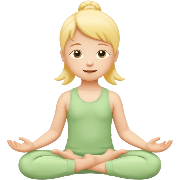Flat illustration emoji of a small child practicing yoga, simple pose, calm and happy expression, soft pastel colors (yellow, green, soft orange), rounded shapes, minimal details, child-friendly, gentle and warm style, vector illustration, no background, cohesive style with kindergarten branding emoji