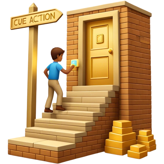 represents the habit formation process with a person stacking bricks to build a staircase, a signpost labeled "Cue → Action → Reward", and a glowing golden door at the top symbolizing success and transformation. Let me know if you need any tweaks! 🚀 emoji