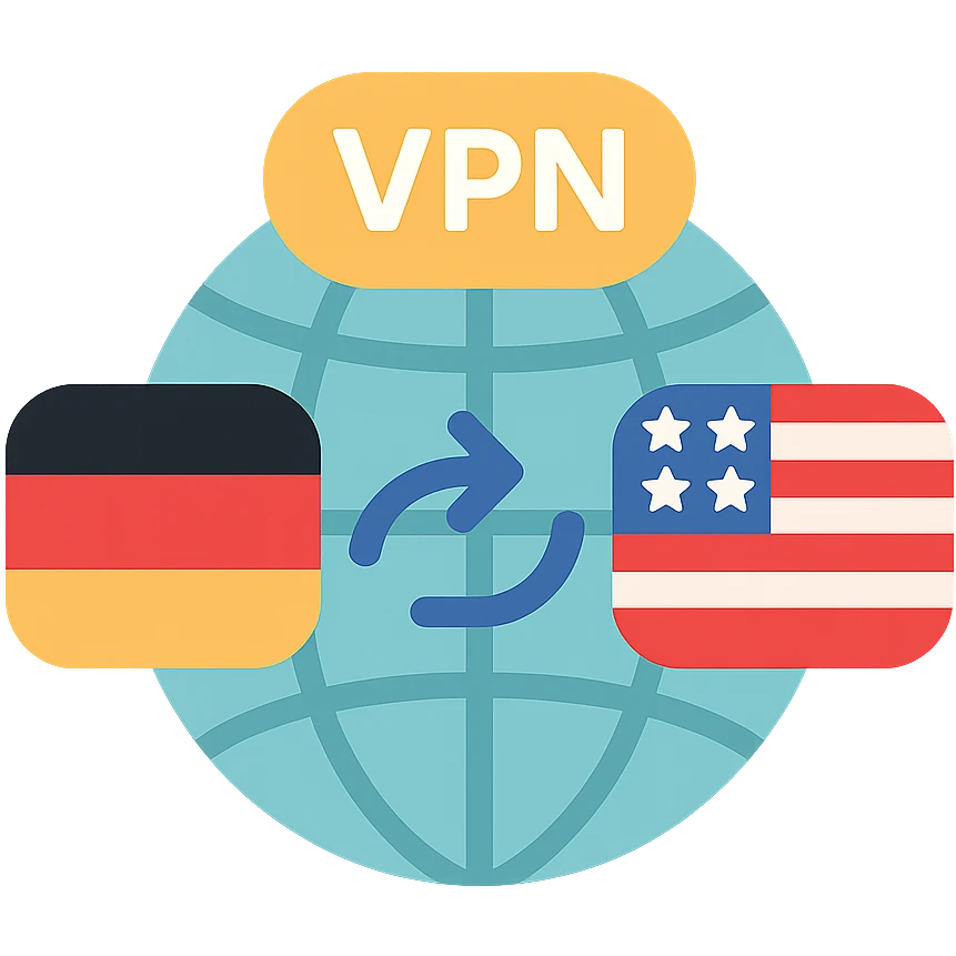 VPN globe icon showing a connection from Germany to the USA, flat color style, no text, suitable for Instagram Reel emoji