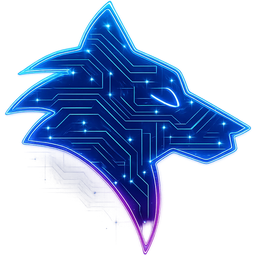 Transform the Overwolf logo into a cyberpunk, holographic style with glowing neon blue and pink edges, circuit patterns throughout the entire icon, and a transparent background. Maintain the recognizable Overwolf wolf head shape, overlaying neon and circuit effects in the same futuristic, clean style as previous cyberpunk icons. The whole icon should have a consistent cyberpunk glow and intricate circuit details. emoji