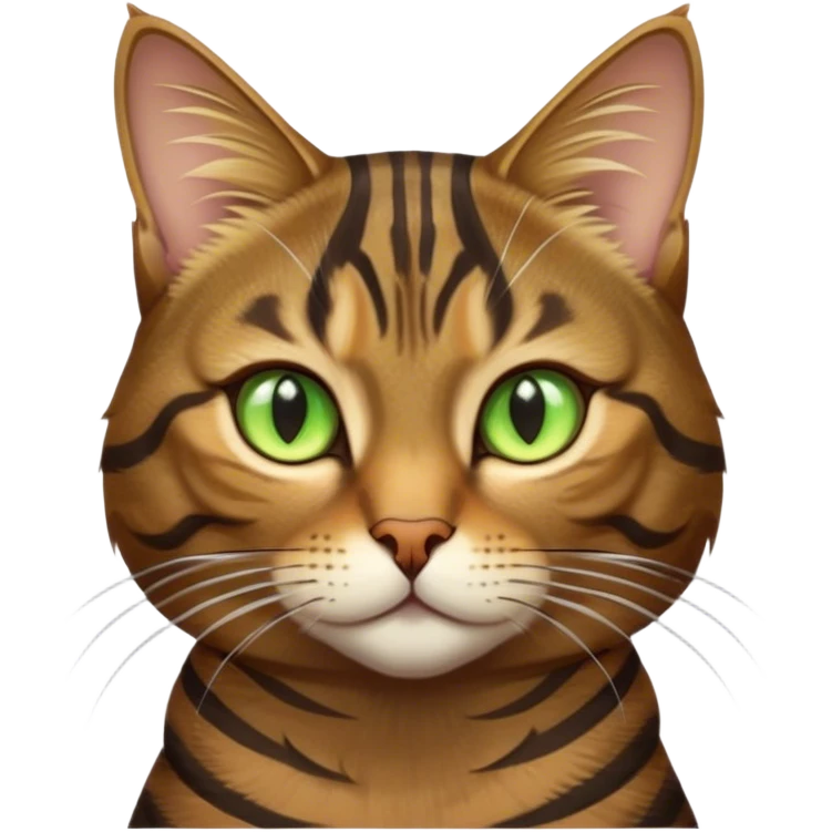 Cinematic Noble Brown Tabby Cat Portrait Emoji, Poised and regal, with sleek, well-groomed fur in warm brown tones accented by bold dark tabby stripes, striking almond-shaped golden-green eyes, Simplified yet sharp and sophisticated features, highly detailed, glowing with a soft, dignified glow, high shine, intelligent and graceful, stylized with an air of elegance, focused and attentive, soft glowing outline, capturing the essence of a watchful and refined feline, so majestic it feels as though it could glide across the screen with effortless confidence! emoji