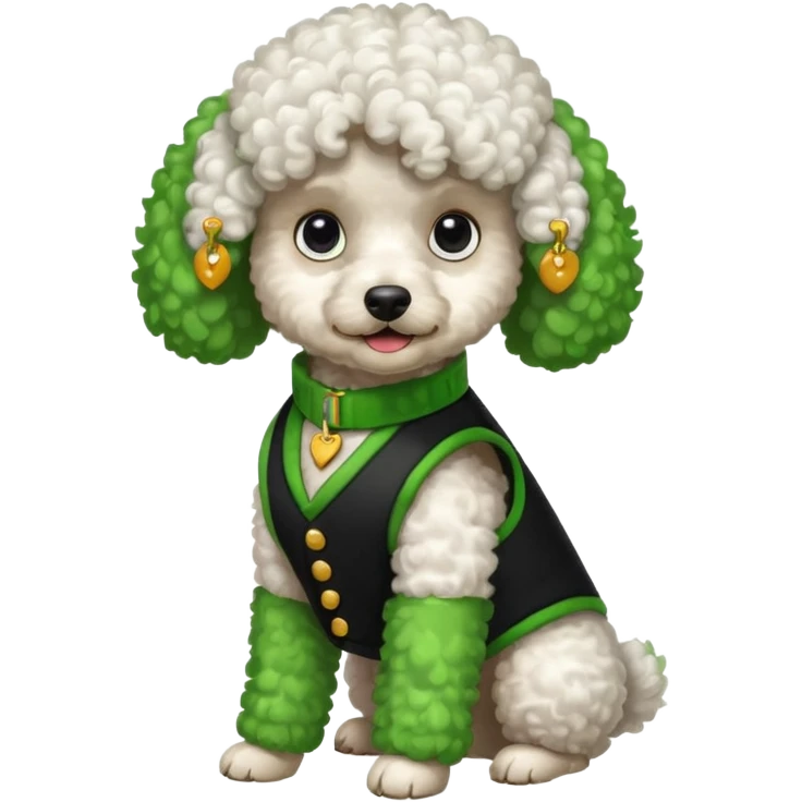 Caniche blanca con chaleco negro coN verde emoji