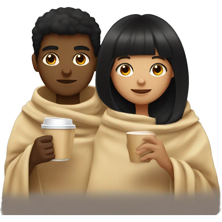 TAN SKIN GIRL WITH BLACK HAIR AND BANGS AND BROWN SKIN BOY WITH BLACK HAIR inside a blanket sipping coffee emoji