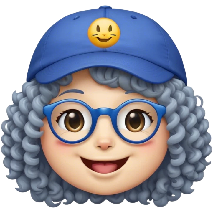 yellow female smiley face emoji, big smile, winking, wearing a backwards blue ball cap, grey curly hair, cat eye glasses, no eye colo emoji