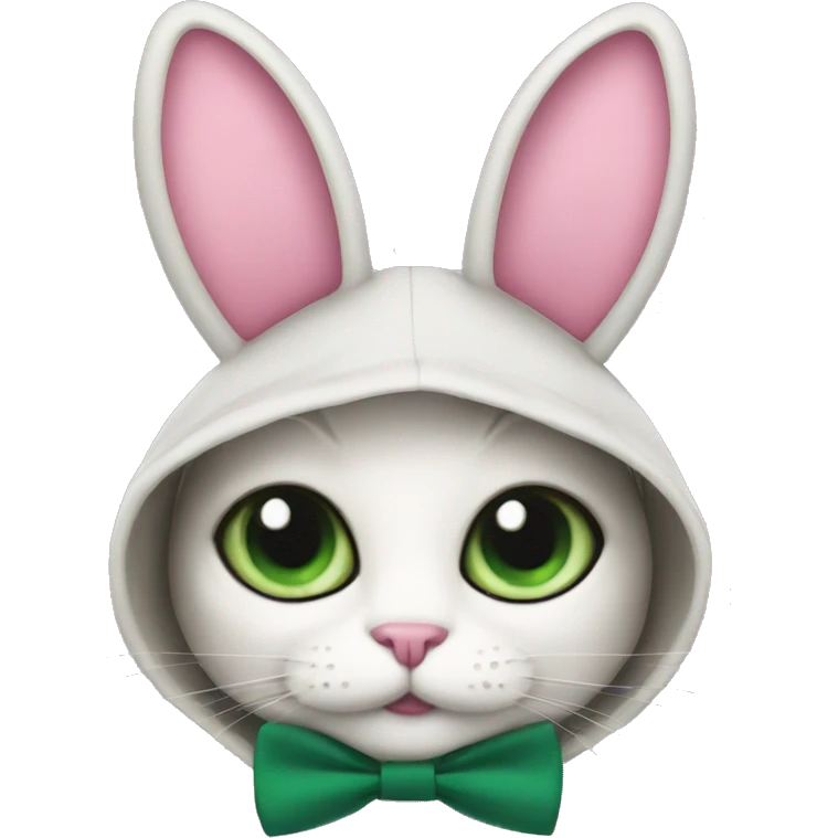 cat IN a bunny HOOD with pink bow tie and dark green eyes emoji