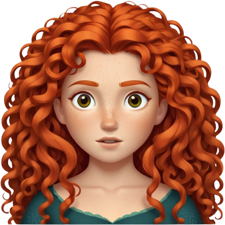 Merida from Brave with extremely long wild curly red hair and lots of freckles covering her face emoji