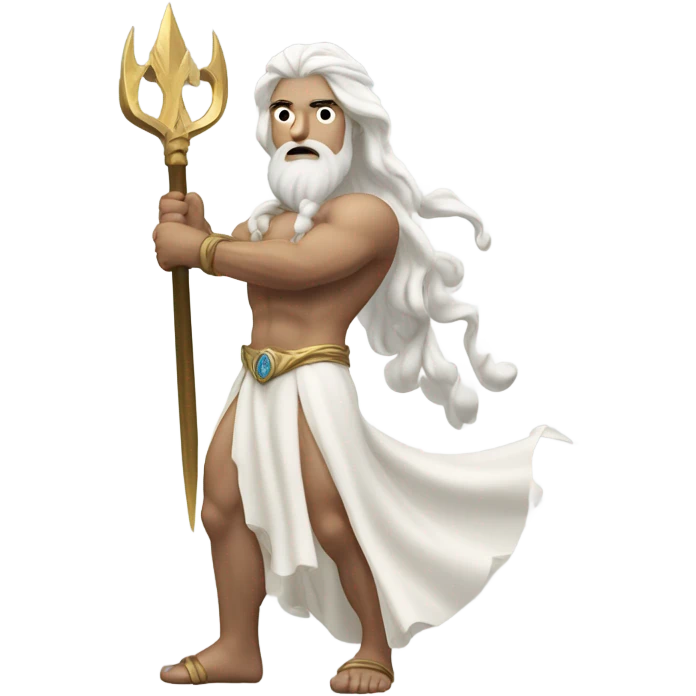 white Poseidon with gold Trident. long white hair white dress. show biceps muscle emoji