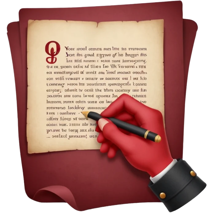Minimalist emoji-style sticker of a pale hand signing a parchment contract titled “YOUR SOUL” in gothic font, muted red ink, grayscale background emoji