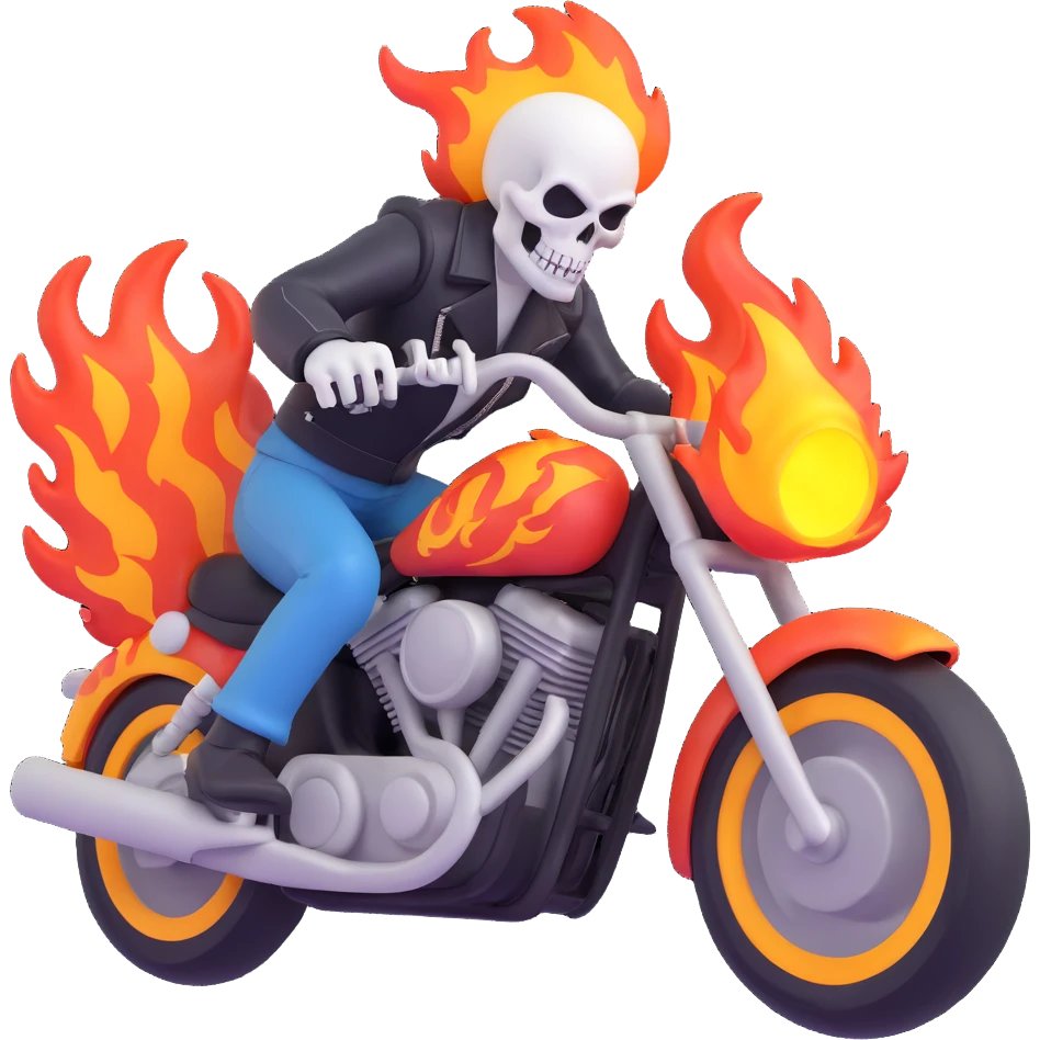 Ghost Rider riding a motorcycle with flames, dynamic action, 3D style emoji