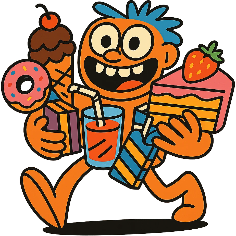 wide-eyed, silly character with arms full of desserts and treats, fun and excessive emoji