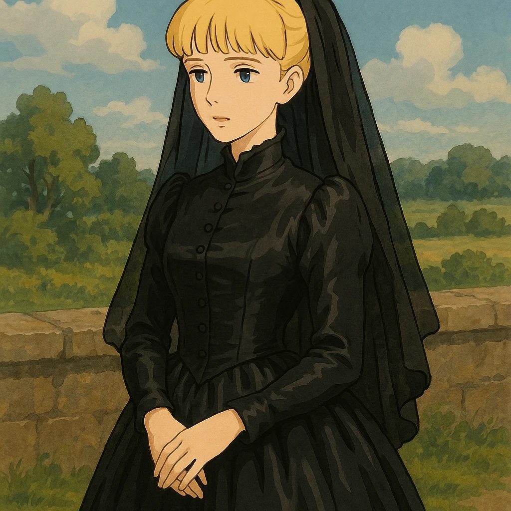 Blonde Victorian woman with bangs wearing a black silk mourning gown  emoji