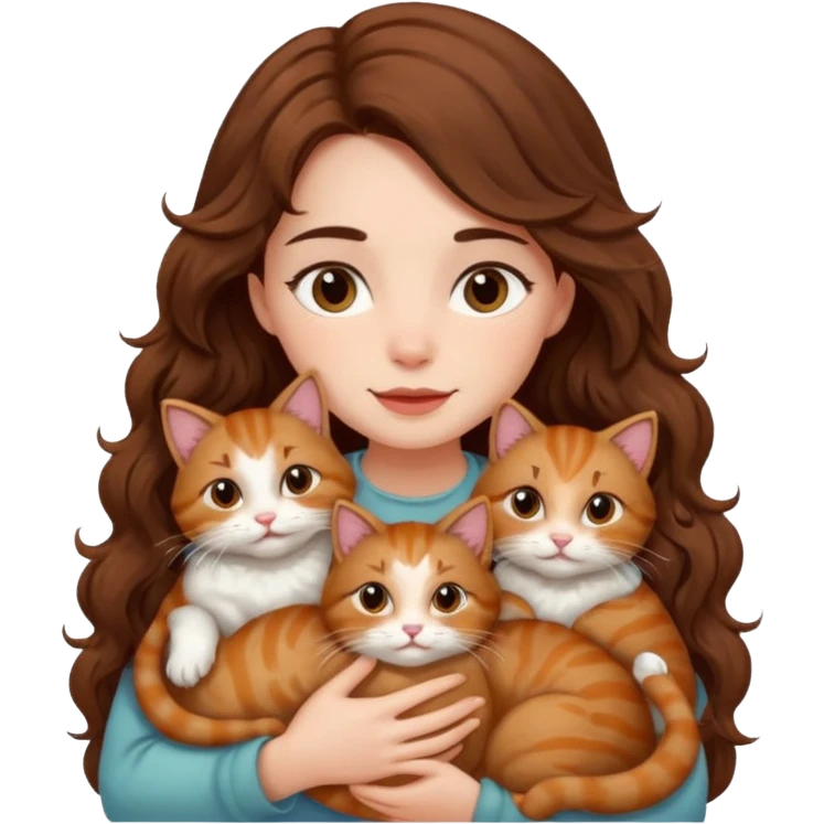 girl with long wavy brown hair snuggling 6 cats emoji