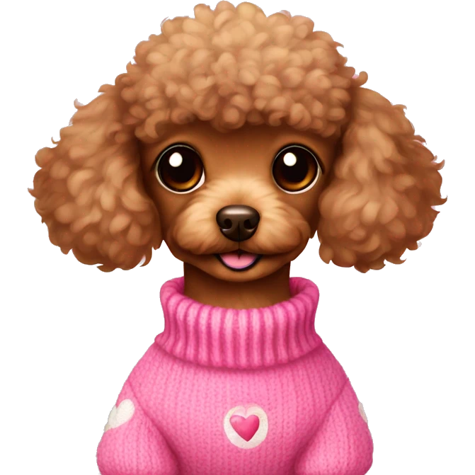 brown toy poodle in pink sweater with hearts emoji
