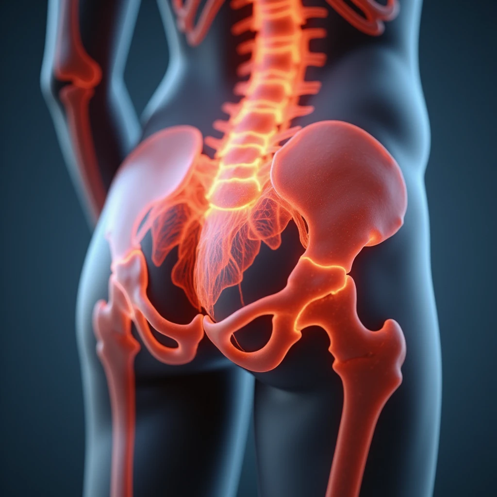 Anatomical view of piriformis muscle on a woman, highlighted in red in the gluteal region, bones and other muscles visible in transparency, lateral view, hyperrealism 4K, white background emoji