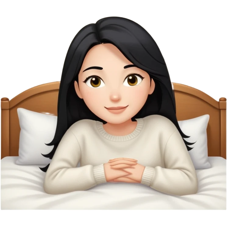 A woman with longer black hair, light to medium skin tone, full cheeks, and almond-shaped eyes, wearing a simple white sweater, lying comfortably on a bed with soft lighting, joyful and radiant expression emoji