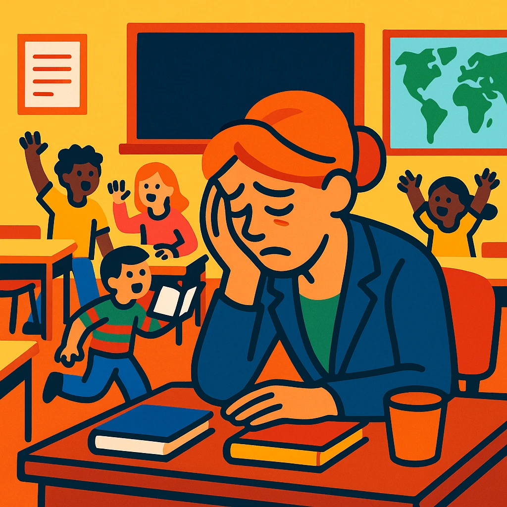 exhausted teacher in a bustling classroom emoji