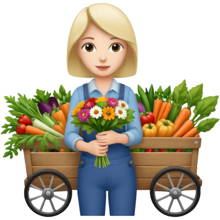 Shopper with flower bouquet,Farmers’ Market, background veggies cart. emoji