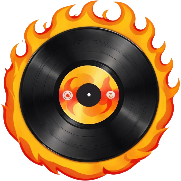 a black vinyl record on fire with a white center sticker emoji