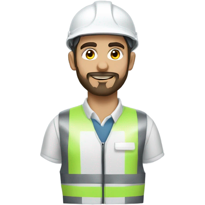 A young Turkish electrical engineer with a full beard, a white helmet and a phosphorescent protective vest emoji