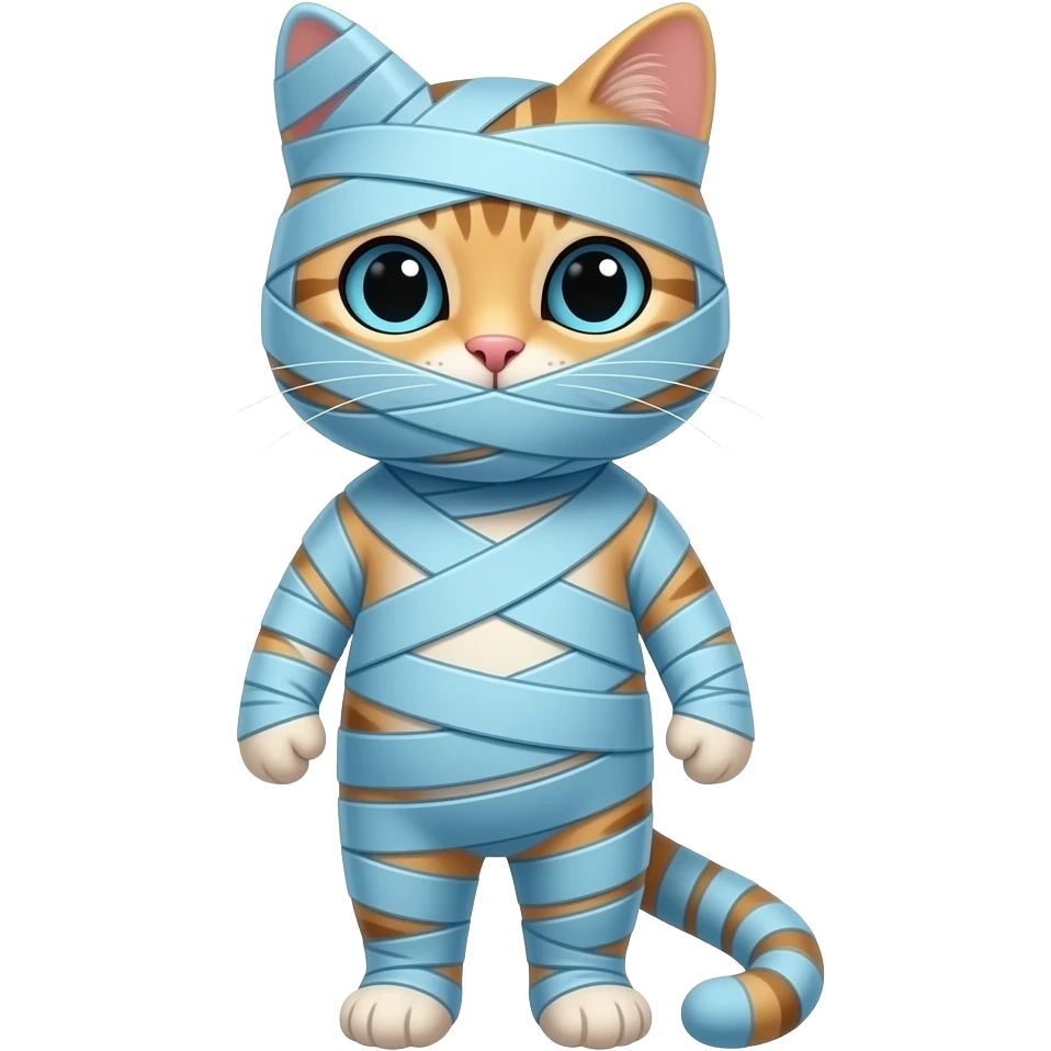 Whole anthro cat wrapping up mummy covered with  60 light blue bandages covered anthro cat emoji