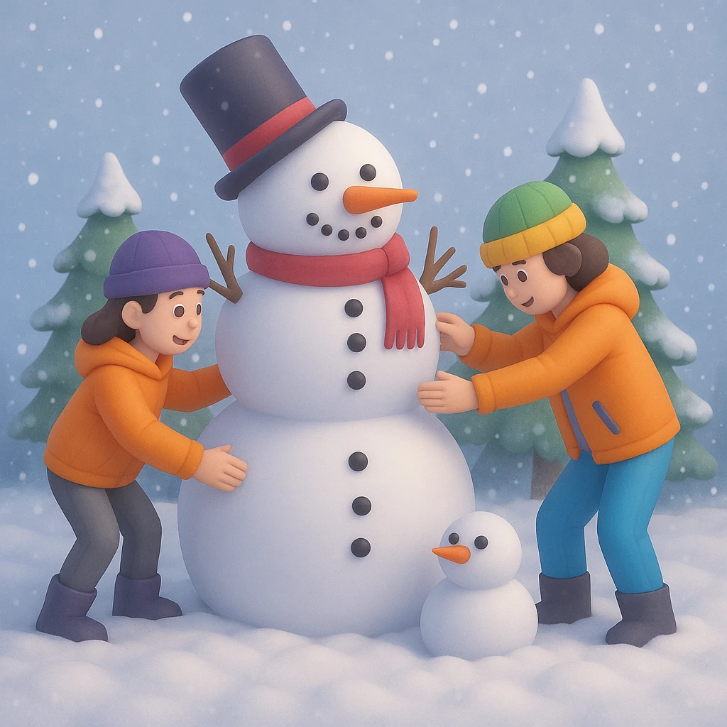 Add a snowy background behind the kids building a snowman, keep the original 3D emoji style emoji