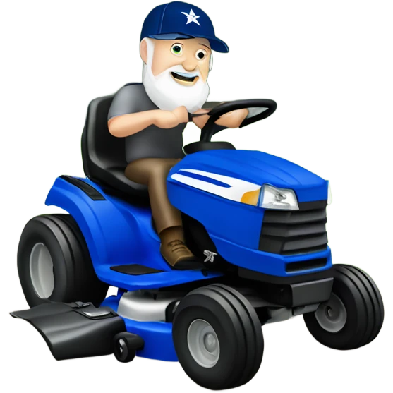 Older bigger white male with short grey beard and blue Dallas cowboys hat riding lawn mower  emoji