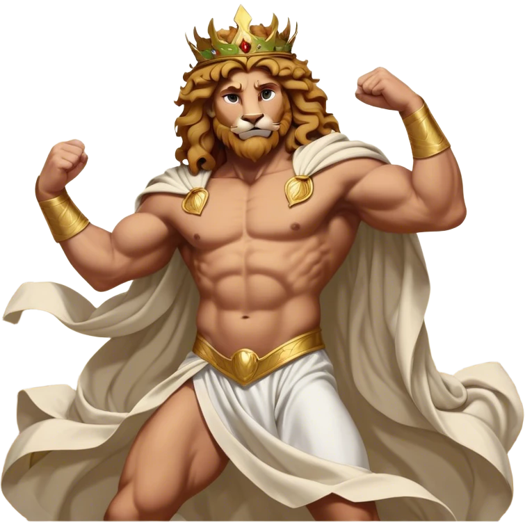 Cinematic Realistic Hercules Portrait, captured in a dramatic lion-wrestling pose that epitomizes raw, heroic strength. His light tan, athletic skin and thick, curly, golden brown hair are showcased as he grapples with a majestic lion, his refined face reminiscent of Michelangelo's David marked by noble determination. Draped in a flowing white robe with understated golden accents and crowned with a classic Greek laurel wreath, dynamic natural lighting accentuates every muscular contour and fierce, commanding expression, embodying the essence of ancient valor. emoji