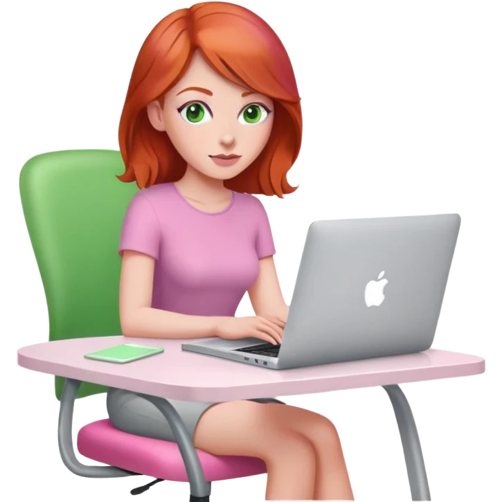 Red head green eyed  sat at desk with pink MacBook on pink chair emoji