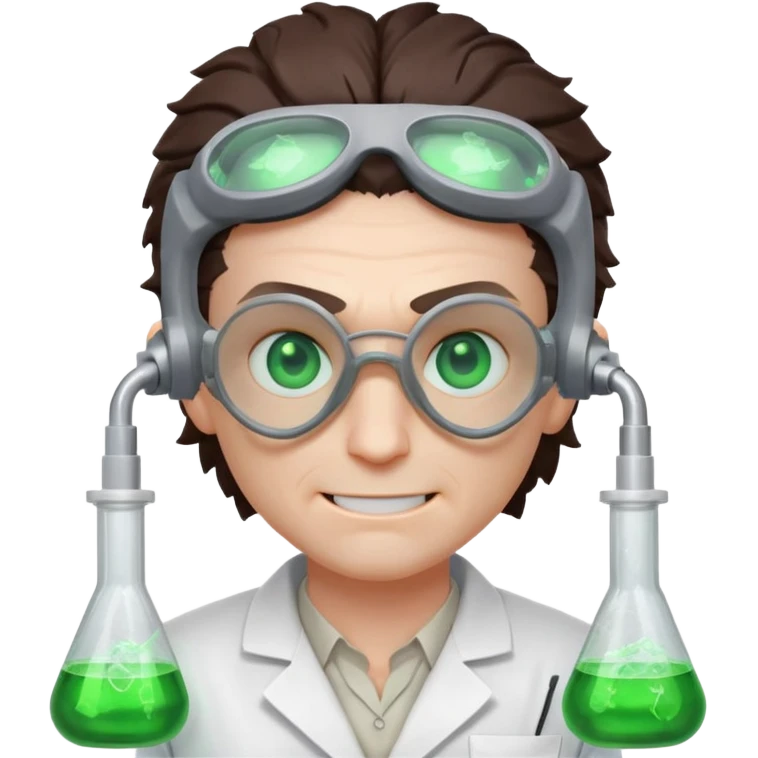 mutant scientist portrait, head and shoulders only, exposed glowing brain, broken goggles, evil smile, mad lab vibe, 3D cartoon, mobile game icon style, clean background, no text, no watermark

 emoji