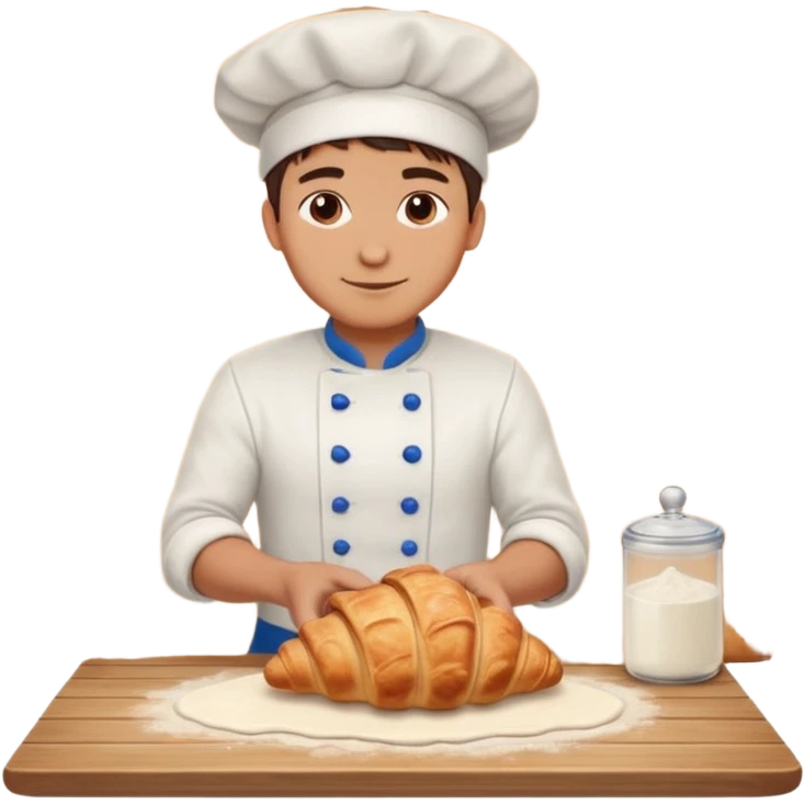 Young male baker – rolling croissant dough on a wooden table, flour on clothes

 emoji