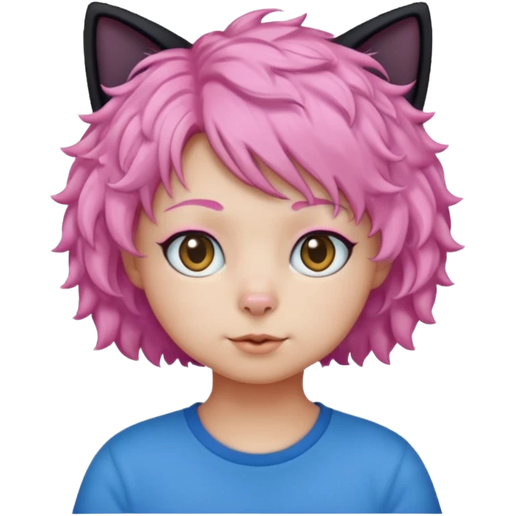 Black cat wearing a short curly pink hair wig, blue T-shirt emoji