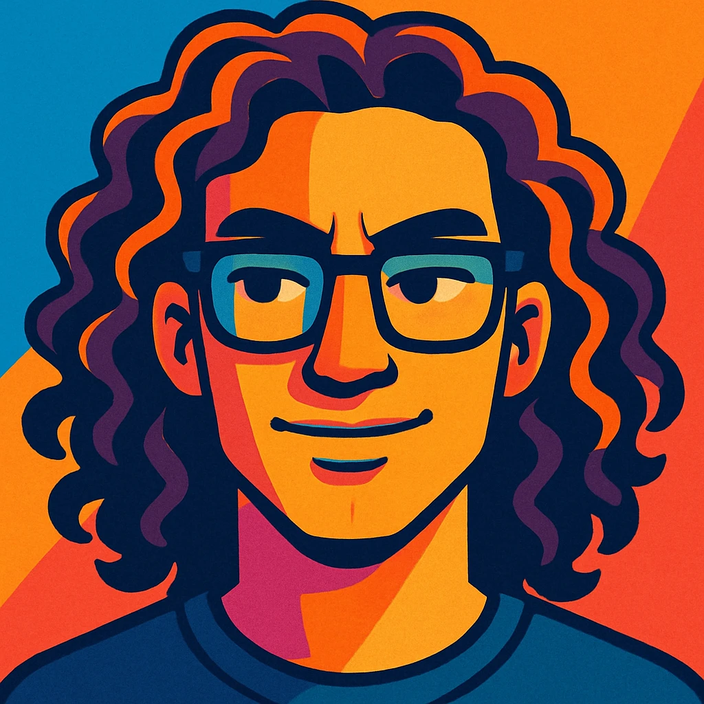male face with long curly hair and glasses, zoomer style, confident expression emoji