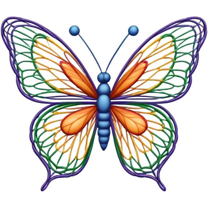 String art icon, colorful butterfly made with threads, wings formed by intricate thread patterns, body of the butterfly with visible thread ball structure, minimalistic style, clean lines, transparent background. emoji