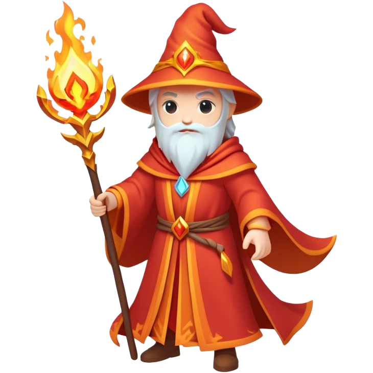 Clash of Clans aesthetic: Cinematic heroic powerful fire Wizard Hero  close up Emoji, rendered in a 3D vector-style similar to standard emojis with minimal shading and bold, simplified shapes. A compact, isometric figure draped in flowing enchanted robes and wielding a mystical staff, softly glowing with an arcane magical charm. Simplified yet unmistakably iconic, highly detailed and consistent, glowing with a soft radiant glow and high shine. Stylized with a touch of whimsical sorcery and a soft glowing outline, capturing the essence of a powerful wizard ready to cast spells with a friendly, playful spirit! emoji
