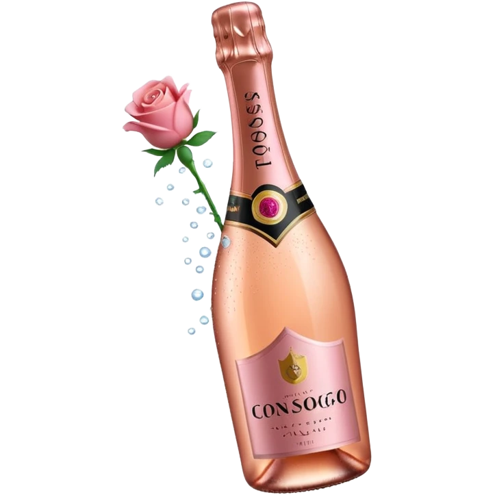 bottle of sparkling rosé champagne with a rose logo on the label, tilted up and to the right, no glass emoji