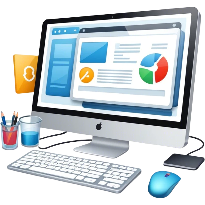 Modern icon for Web Design: computer screen with a website layout, design tools like a mouse and a stilus, web elements such as icons and wireframes. Transparent background. emoji