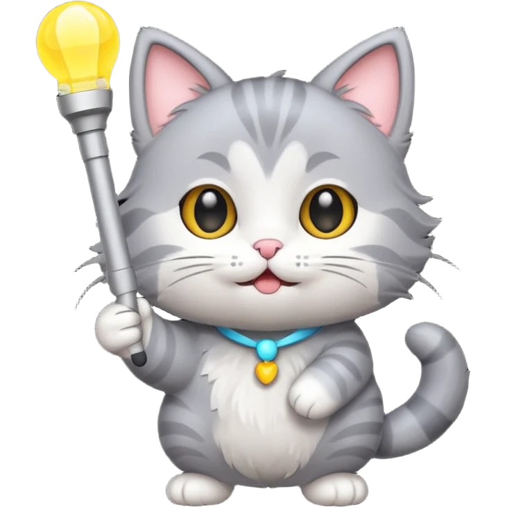 chibi cute gray cat holding a light stick happily emoji